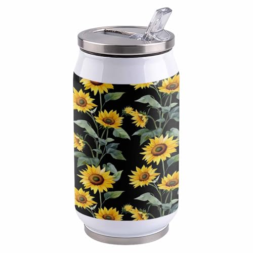 Spring Floral 10oz Stainless Steel Tumbler with Lid & Straw-Double Wall Vacuum Insulated Travel Mug Flowers Yellow Sunflowers Green Leaf Black Back Water Bottle Coffee Beverage Drinks Cup - size: 10 Ounces