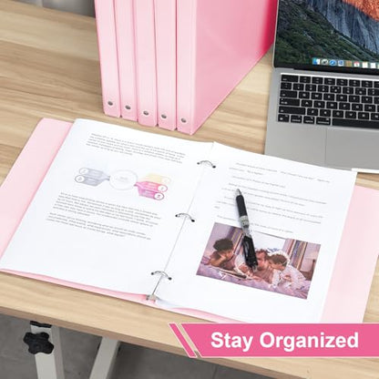 SUIN 1/2-Inch 3 Ring Binders with 2 Interior Pockets, Basic 0.5'' Binders Holds 100 Sheets Letter Size, Office School Home, 6 Pack - color: Pink