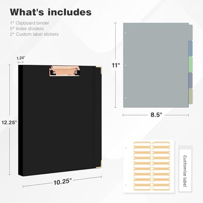 Ospelelf 3 Ring Binder, 1/2 Inch, Cute Letter Size (11" x 8.5") with 5 Tab Dividers, File Folder Labels and Low Profile Clipboards, Black for School and Office - color: Black, size: 1/2in（Letter Size）