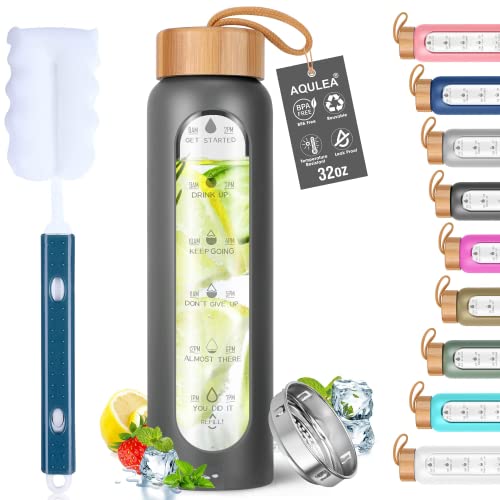 Aqulea Glass Water Bottles 32 Oz with Silicone Sleeve - BPA Free Reusable Wide Mouth Glass Motivational Water Bottles with Fruit Infuser – Leak Proof Borosilicate Water Bottle with Time Marker (Dark) - color: Dark Grey, size: 32 Ounces