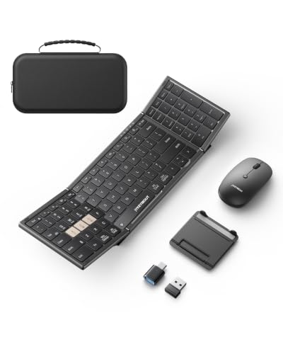 JYKEYMOUT Foldable Keyboard and Mouse Set, USB A+Type C+Bluetooth1&2(4-in-1)Wireless Connection, Portable Full-Size Folding Rechargeable Design with Keyboard Lock for Home/Office/Business Travel-Black