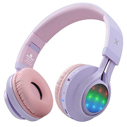 Riwbox WT-7S Kids Bluetooth Headphones Light Up, Foldable Stero Wireless Headset,with Microphone and Volume Control,Comfortable and Durable,for PC/Tablet/TV/Travel(Purple) - color: Purple