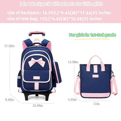MITOWERMI Rolling Backpack for Girls 3Pcs Elementary School Bag Cute Bowknot Backpack with Wheels Girls Bookbags with Handbag Trolley Bags Kids Carry-On Luggage - color: Style c-3Pcs Dark Blue-2 Wheels, style: 2 Wheels Trolley + Backpack Sets
