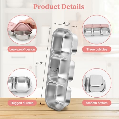 3 Compartment Stainless Steel Snack Containers. | Reusable Snackle Box Container with Leakproof Lids Metal Bento Lunch Boxs Food Storage Containers for Travel Picnics Office - color: 01-PI