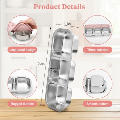3 Compartment Stainless Steel Snack Containers. | Reusable Snackle Box Container with Leakproof Lids Metal Bento Lunch Boxs Food Storage Containers for Travel Picnics Office - color: 01-PI