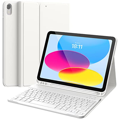 CHESONA Compatible for iPad 11th(A16)/10th Generation Case with Keyboard | Detachable Wireless Keyboard, Stand Folio Keyboard Cover with Pencil Holder, Thin & Light, White - color: White