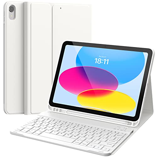 CHESONA Compatible for iPad 11th(A16)/10th Generation Case with Keyboard | Detachable Wireless Keyboard, Stand Folio Keyboard Cover with Pencil Holder, Thin & Light, White - color: White