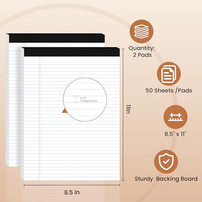 2Packs Legal Pads 8.5 x 11 Inch, 50Sheets/Pack, College Ruled & Perforated White Writing Pads, Pads of Paper 8.5 x 11, Lined Note Pads with Sturdy Backing for Office, Business & School Supplies - color: White, style: 2 Pads-50 Sheets/Pads