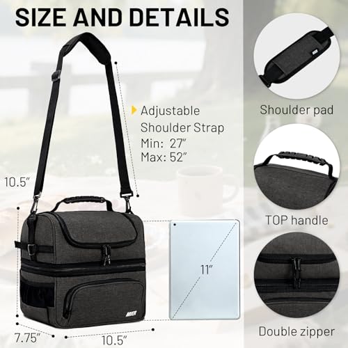 MIER Dual Compartment Lunch Bag Tote with Shoulder Strap for Men and Women Insulated Leakproof Cooler Bag, Dark Grey - color: Dark Gray