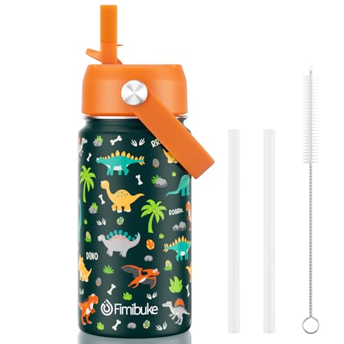Fimibuke Kids Insulated Water Bottle, 14oz BPA FREE 18/8 Stainless Steel Travel Tumbler Double Wall Vacuum Leak Proof Kids Cup with Straw Metal Bottles for School Boys Girls (1 Pack, Green Dinosaur) - color: A4. Green Dinosaur