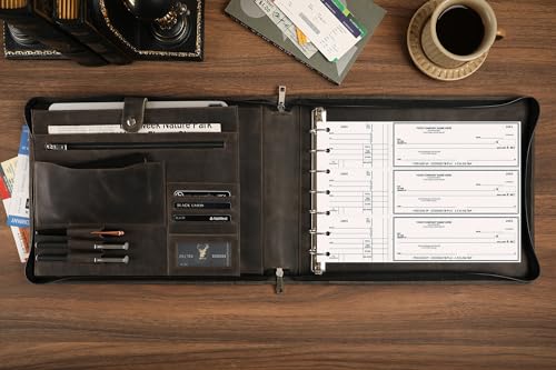DUKE&COW Leather Business Check Binder - Zippered, 7 Ring, 600 Checks Capacity, 9 x 13 inch Sheets, Grey - color: Grey, size: Custom