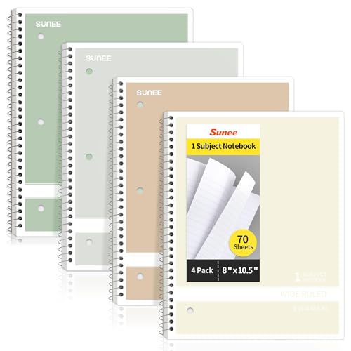 SUNEE Spiral Notebooks Wide Ruled, 1-Subject, 4 Pack, 8 x 10-1/2 inch, 70 Sheets, 3-Hole Punched 70gsm Paper, Green, Grey, Beige, Red for Work, Home & School, Writing Journal - color: Aesthetic