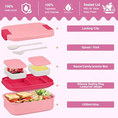 Bento Lunch Box Set with 10.5oz Soup Thermo Food Jar for Adults Kids, Stainless Steel Leak-proof Lunch Container with 4 Compartment, Coffee Tumbler with Lunch Bag for School Travel Office-Pink - color: Pink