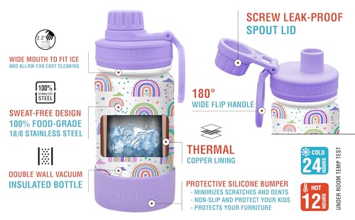 CHILLOUT LIFE 12oz Kids Insulated Stainless Steel Water Bottle with Leak Proof Spout Lid & 144 Stickers - color: Rainbows, style: 12 oz