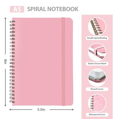 A5 Lined Spiral Journal Notebook, 146 Pages Hardcover Notebook with 100 GSM Thick Paper, Inner Pocket & Elastic Closure, 5.7" x 7.9", Notebooks for Work, School, College, Office, Journaling & Note Taking - color: PINK