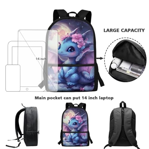 CLOHOMIN Dragon Kids Bookbag Set of 3 with Lunch Box for Girls 8-10/10-12 Middle School Backpacks for Kids Lunch Bag + Water Bottle Bag Student School Book Bags Set 4th/5th Grade Lunch Tote Bag - color: Dragon