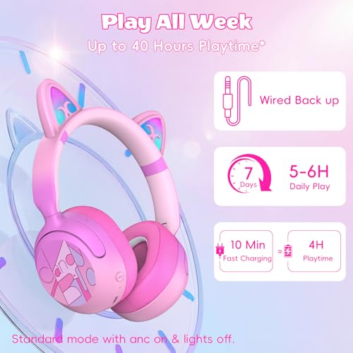 Kids Bluetooth Headphones with LED Cat Ears, Active Noise Cancelling Headphones for Kids, 85dB Safe Volume, 40H Play Time, Bluetooth 6.0, Fast Charging, Built-in Mic for iPad/Tablet/Airplane, Pink - color: Pink