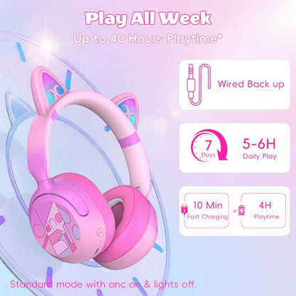 Kids Bluetooth Headphones with LED Cat Ears, Active Noise Cancelling Headphones for Kids, 85dB Safe Volume, 40H Play Time, Bluetooth 6.0, Fast Charging, Built-in Mic for iPad/Tablet/Airplane, Pink - color: Pink
