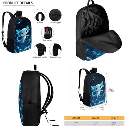 Blue Axolotl School Backpack Set 3Pcs Lightweight Casual Daypacks with Lunch Bag Pen Bag Set Portable Lunch Box Elementary Middle School Kids Backpack - color: Blue Axolotl-a