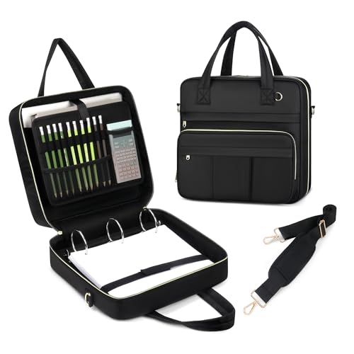 Zipper Binder | 3 Inch O-Ring, 600 Sheet Capacity Trapper Keeper with Shoulder Strap & Handle, Binder Bag with Multiple Storage Pockets, Fits 13" Laptop (Black) - color: Black
