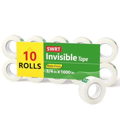 SWRT Invisible Tape Refills, 10 Rolls, 3/4 in x 800 in, Matte Finish | Blends into Paper; Easy to Write On; Neat Paper Repairs; Quick Label Fixes; Fits Tape Dispensers; Office, School, Home