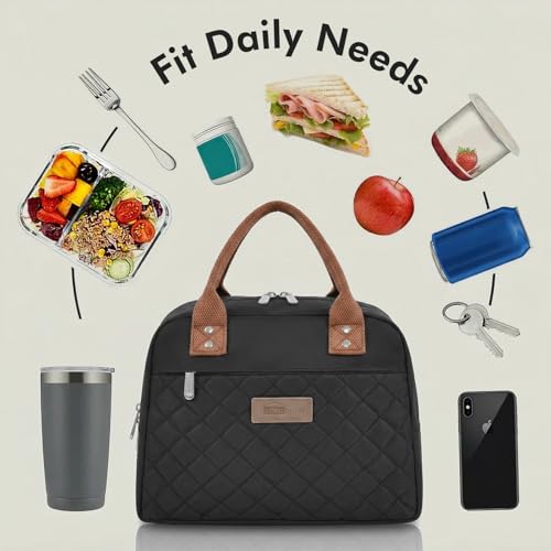 HOMESPON Insulated Lunch Bag for Women Men, Cooler Tote Box, Black | Front Pocket, Side Mesh Pockets, Reusable, for Work, Picnic, Food Container - color: Black
