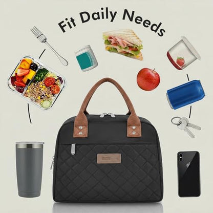 HOMESPON Insulated Lunch Bag for Women Men, Cooler Tote Box, Black | Front Pocket, Side Mesh Pockets, Reusable, for Work, Picnic, Food Container - color: Black