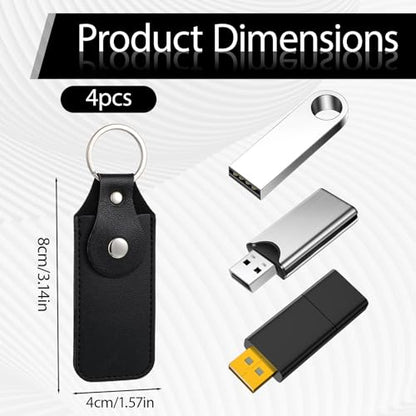 4 Pcs Flash Drive Case, Leather Anti Lost Thumb USB Flash Drive Holder USB Storage Cases Protective Cover Small Portable Storage Carrying Case with Keychain (Black)