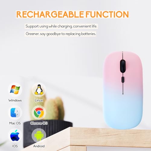 LED Wireless Mouse, Slim Silent Dual-Mode 2.4G+BT Rechargable 7-Color Portable Mobile Optical Office Mouse with USB Receiver, 3 Adjustable Levels for Notebook, PC,Computer, MacBook (Gradient pink) - color: Gradient pink