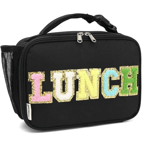 FlowFly Kids Lunch Bag, Durable Insulated School Lunch Box with Bottle Holder, Water-resistant Thermal Small Lunch Cooler Tote for Teen Boys & Girls,BlackWithLetter - color: BlackWithLetter