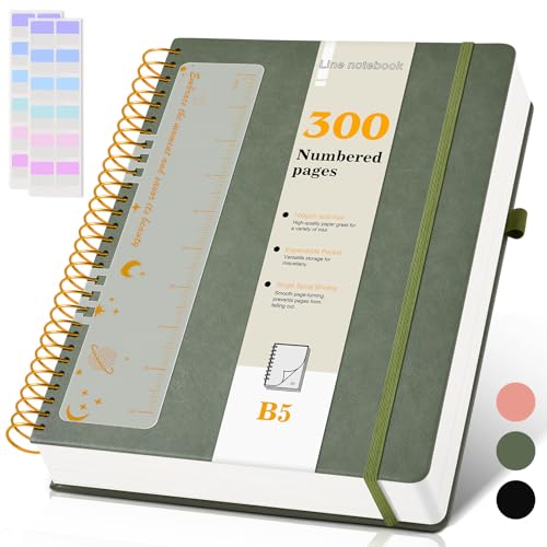 B5 Spiral Notebook Journal 7.6” x 10”, 300 Numbered Pages Hardcover Leather Journals for Women Men, Large Lined College Ruled Notebooks, 100GSM Thick Paper, Spiral Bound Journal for Work School, Green - color: Green, size: B5