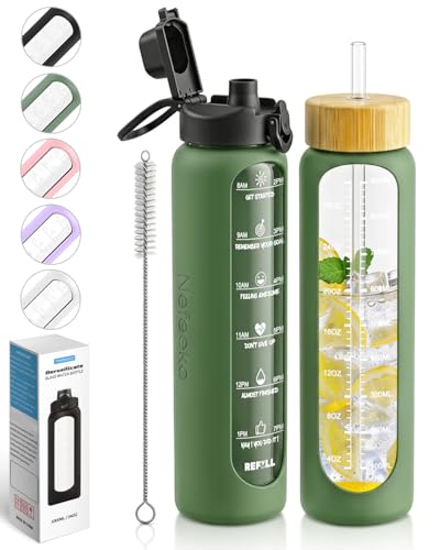 Nefeeko 32 oz Glass Water Bottles with Straw, Time Marker, Motivational 1 Liter BPA FREE Leakproof Reusable Glass Water Bottle with Silicone Sleeve, Bamboo, Spout Lid - color: Green