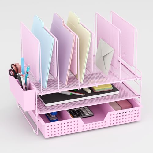 LEKETREE Pink Desk Organizer, Office Organization with Vertical File Holder, File Organizer with Drawer and Pen Holder, Desk Accessories and Workspace Organizers for Home Office (Pink) - color: Pink