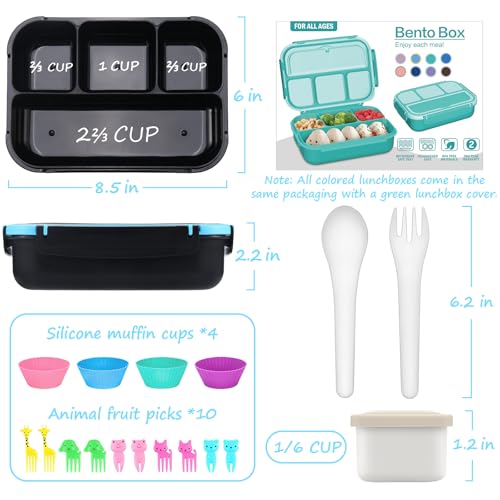 QQKO Bento Box for Kids Adults, School Toddler Lunch Box for Boys Girls, Lunch Box Containers with 4 Compartments, Sauce Container, Utensils, Food Picks and Muffin Cups for School, Black Blue - color: Black Blue