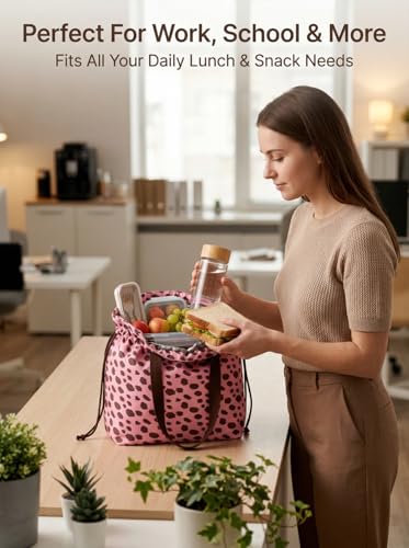 Reusable Lunch Bag,Canvas Drawstring Lunch Bag, Lunch Tote for Work, School, or Picnics, Lightweight & Waterproof, Keeps Food Fresh All Day(Pink Leopard Print) - color: Pink Leopard Print