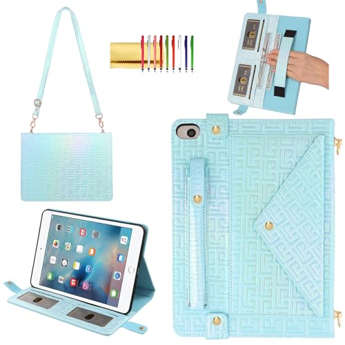 Shiny Case for iPad mini 5/4/3/2/1, Mini 7.9" Handbag Case, Techcircle Iridescent PU Leather Folio Envelope Pocket Stand Cover with Hand Strap+Shoulder Strap+Pencil Holder+Card Slots, Shiny Blue - color: 03 Shiny Blue, size: iPad Mini 5/4/3/2/1 7.9"