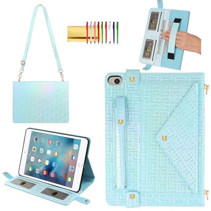 Shiny Case for iPad mini 5/4/3/2/1, Mini 7.9" Handbag Case, Techcircle Iridescent PU Leather Folio Envelope Pocket Stand Cover with Hand Strap+Shoulder Strap+Pencil Holder+Card Slots, Shiny Blue - color: 03 Shiny Blue, size: iPad Mini 5/4/3/2/1 7.9"