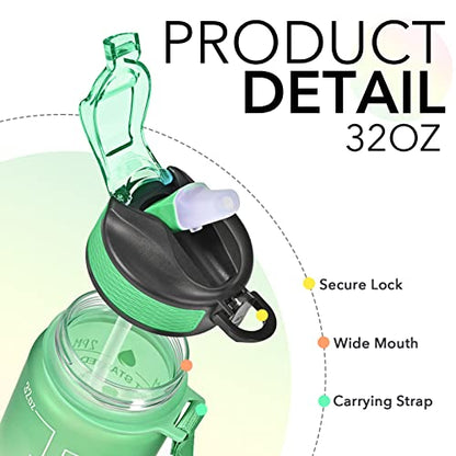 Hyeta Water Bottle with Straw & Time Marker, Plastic 32oz Leakproof | Motivational Tritan BPA Free Gym Office Outdoor Intake Tracker Hourly Reminder Straw Lid Carry Strap - color: Signal Lights