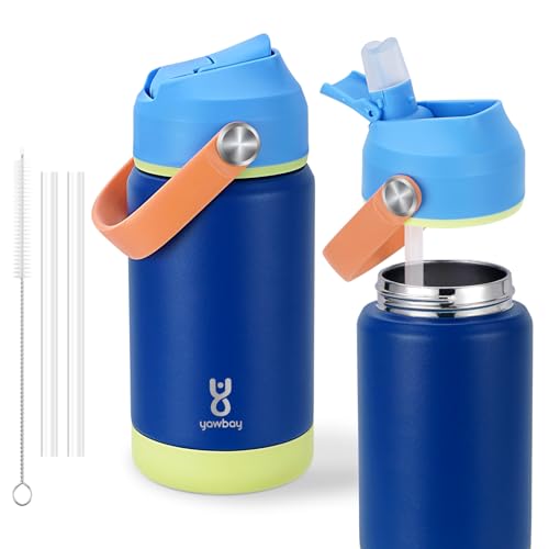 Kids Insulated Water Bottle with Straw Lid & Silicone Handle,12oz Kids Leak Proof Water Bottle for School Boys Girls,Double Wall Vacuum Stainless Steel with Non-slip Silicone Base(Dark Blue) - color: Dark Blue, size: 12 Ounces
