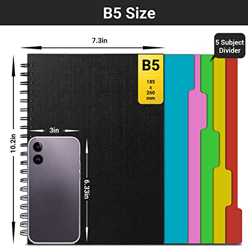 EUSOAR Spiral Notebook College Ruled, 3pcs B5 7.3"x10.2" Hardcover, 5 Subject with Dividers, Thick 100GSM Lined Paper, 120Sheets/ 240Pages, Notebooks Set for Writing, Sketching and Note Taking - color: Black, size: B5-3Pack