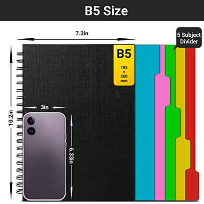 EUSOAR Spiral Notebook College Ruled, 3pcs B5 7.3"x10.2" Hardcover, 5 Subject with Dividers, Thick 100GSM Lined Paper, 120Sheets/ 240Pages, Notebooks Set for Writing, Sketching and Note Taking - color: Black, size: B5-3Pack