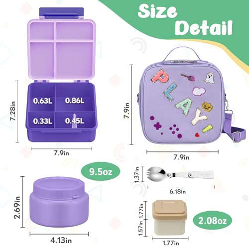 Kids Bento Box - 4 Compartment, Leak-Proof, with Soup Thermo | 9oz Soup Thermo Included, Insulated Lunch Bag, For Boys & Girls, School & Travel - color: Play-Purple