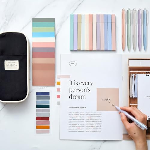 Jutom 39 Pcs Aesthetic Book Annotation Kit Highlighter with Case Bag Gel Pen Transparent Sticky Note Taking Bible Supplies(Black,Cute Style) - color: Black, style: Cute Style