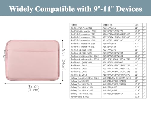 TiMOVO 9-11" Tablet Sleeve with Pocket for iPad A16 Tab, Pink | Protective Sleeve with Front Pocket, Fits iPad 11" A16 2025, 10th Gen 10.9", 10.2", Air 11/5th/4th Gen, Tab A9+ 11" - color: Pink