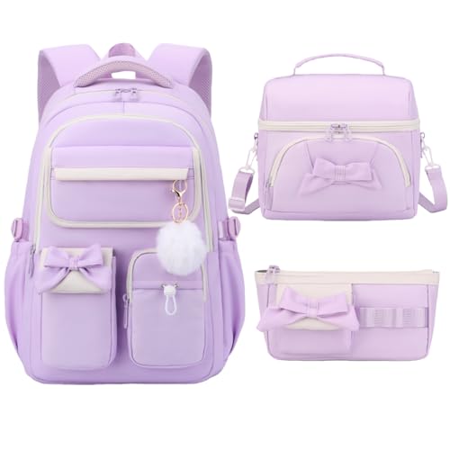 Girls School Backpack with Lunch Box Pencil Case Set, Cute Middle School Bag Teen Girls Backpack Bookbag for Kids, 3pcs Purple - color: 3pcs Purple
