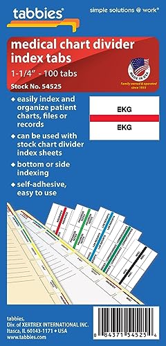 Tabbies 54525 EKG Medical Chart Index Tabs, 100 Pack, Red 1.25 x 0.5 in Self-Adhesive Patient File Divider Tabs for Records & Folders - style: Ekg