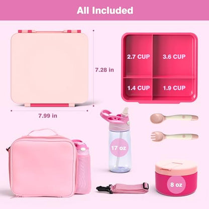 HOMEKOL Bento Lunch Box Set for Kids, Pink | with Stainless Steel Insulated Food Jar, Plastic Water Bottle, Bag and Silicone Spoon and Fork for Boys Girls - color: Pink