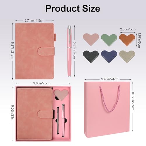 A5 Leather Journal for Women Men, Hardcover Notebook Set with Pen, Pink | 360 Pages 100GSM Lined Paper, Includes 6 Heart Bookmarks, Gift Box & Bag. Birthday, Graduation, Christmas, Appreciation Gifts
