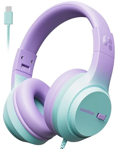 awatrue USB-C Kids Headphones, 74/85/94dB Volume Limiter, Foldable Wired Over Ear Headphones for Travel, Toddler Headphones for School, Travel, iPad, Tablet, Purple Green - color: USB-C Green‌ Purple