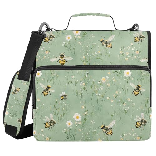 Sweet Bees Sage Green Sturdy Zipper Binder with Handle Easy to Carry 1.5 Inch 3 Rings Pencil Bags Portfolio Binder Stationery Organizer Supplies - color: Sweet Bees Sage Green